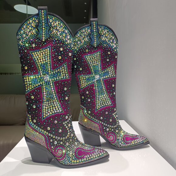 Western Knee - High Cowboy Boots With Rhinestone Cross - Picture 2 of 3